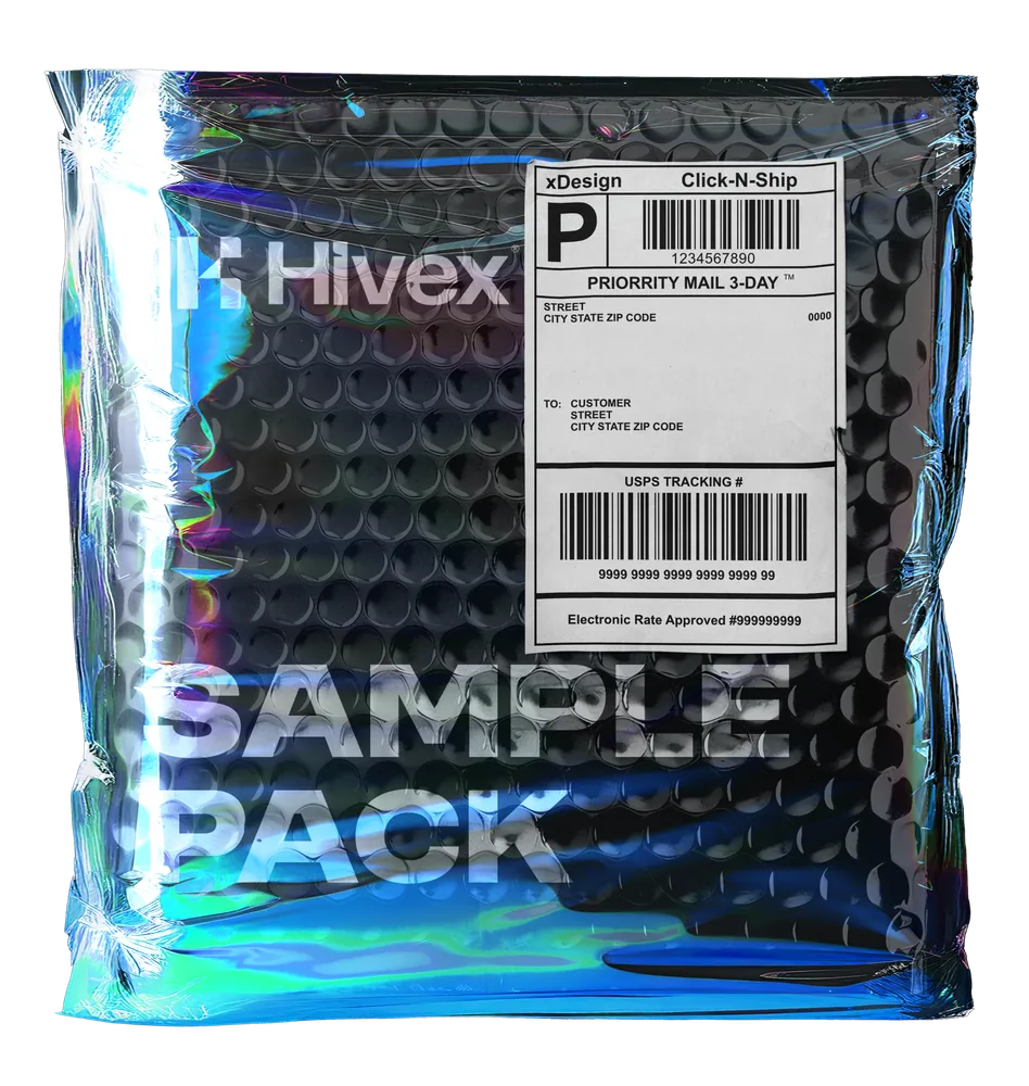 Hivex sticker sample pack in an iridescent mailer