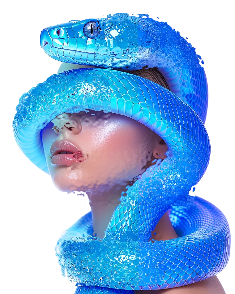 Blue serpent coiled around a model's face — Hivex campaign artwork